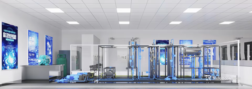 Modern Industrial Facility With Blue Pipelines Metal Frames And Control Panels 3d model 