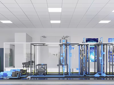 Modern Industrial Facility With Blue Pipelines Metal Frames And Control Panels 3d model