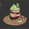 Christmas Themed Layered Dessert Jar With Cream Red Sauce Snowman Tree Decorations On Pink Tray