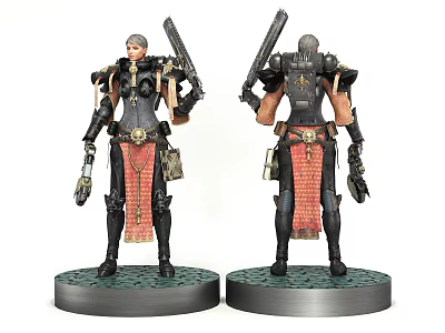 Detailed Game Character Action Figure With Armor Weapons Red Accents And Display Base 3d model