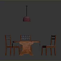 Oval Dining Table With Red Tablecloth Three Chairs And Red Pendant Light Above 3d model
