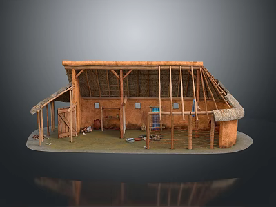 Traditional Thatched Roof Building Structure With Wooden Frame And Rustic Interior 3d model