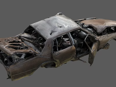 Wrecked Car With Burnt Body Broken Doors And Destroyed Interior Parts 3d model