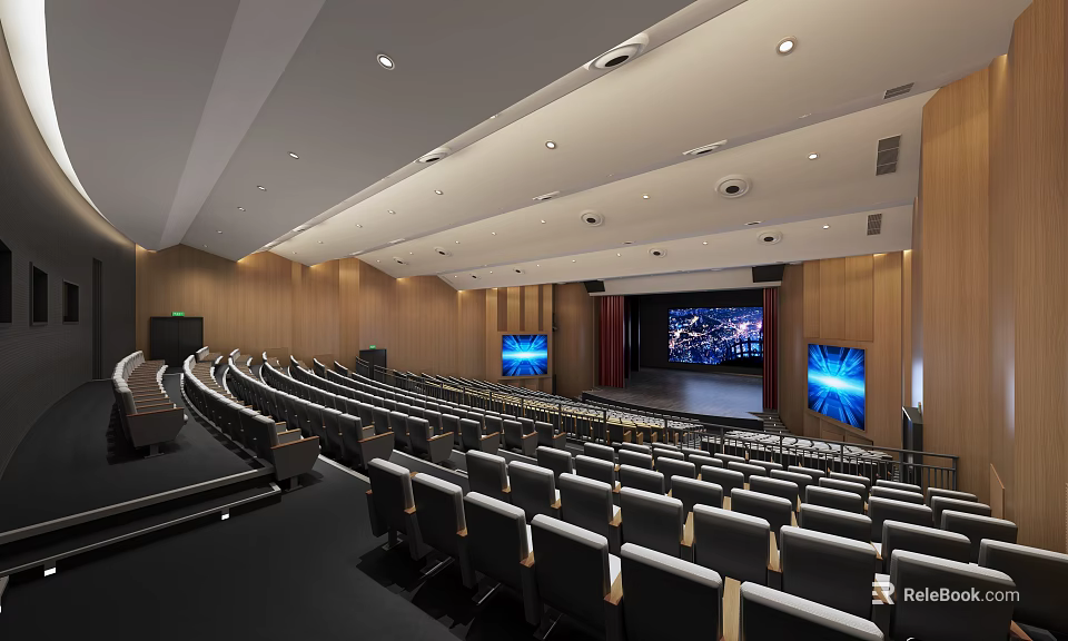 Modern Auditorium Interior with Arranged Seats Large Screens Stage and Wooden Walls 3d model 