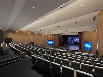 Modern Auditorium Interior with Arranged Seats Large Screens Stage and Wooden Walls 3d model