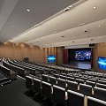 Modern Auditorium Interior with Arranged Seats Large Screens Stage and Wooden Walls