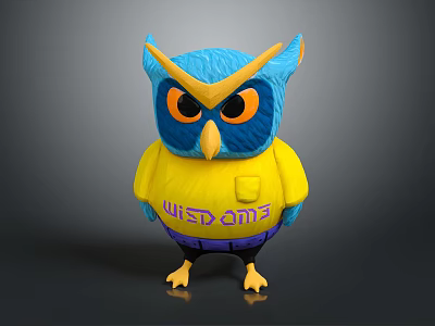 Cute Blue and Yellow Owl Plush Toy Featuring WEST CAMP Text Design 3d model