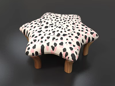 Star Shaped Stool With Black White Spots Pink Accents And Wooden Legs 3d model
