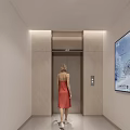Modern Elevator Lobby Featuring Woman In Red Dress Back View Elevator Door And Digital Screen 3d model