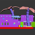 Vibrant Cartoon Scene With Pink Palm Trees Purple Buildings Green Roofs And Red Ground