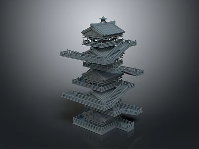 Traditional Multi Level Tower Model With Gray Structure And Balconies Design 3d model
