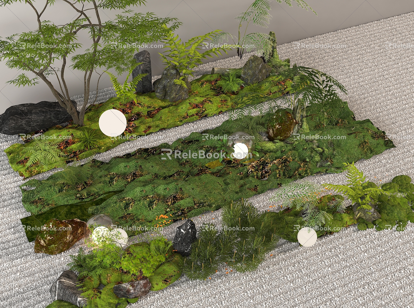 Plant combination courtyard sketch moss micro-terrain plant pile landscape landscaping 3d model