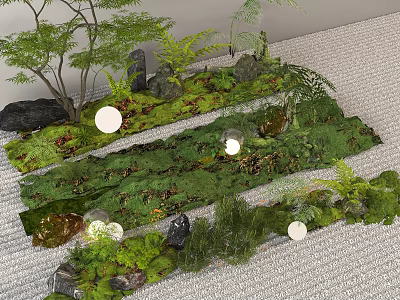 Lush Courtyard Garden With Green Moss Natural Stones Fern Plants And Round Lights 3d model