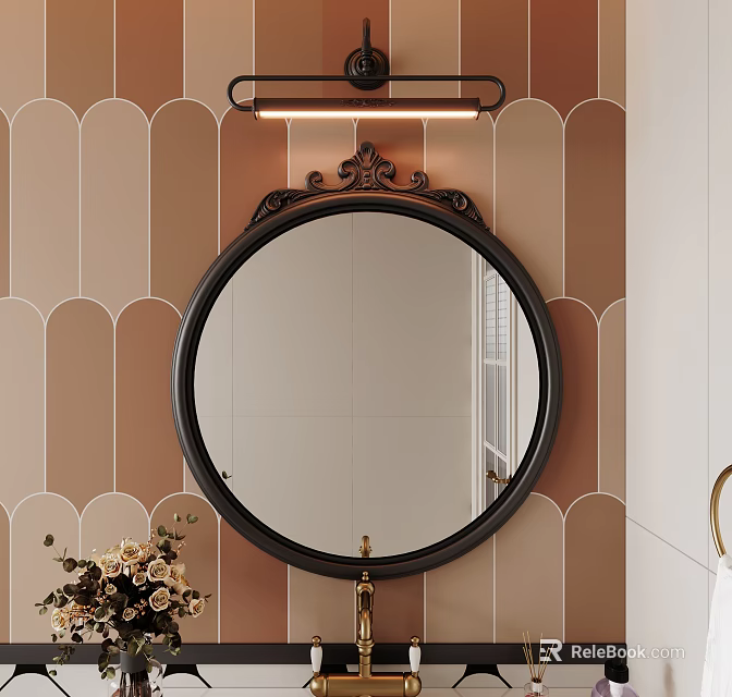 Round Black Framed Bathroom Mirror With Wall Mounted Light And Patterned Brown Tiles 3d model 