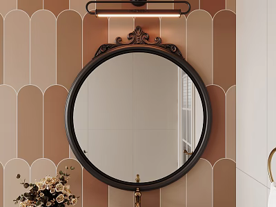 Round Black Framed Bathroom Mirror With Wall Mounted Light And Patterned Brown Tiles 3d model