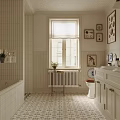 Cozy Bathroom Interior With Wooden Seat Toilet Double Sink Vanity And Framed Artworks