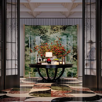 Luxurious Hotel Lobby Interior Design With Round Decorative Table And Red Floral Arrangement 3d model