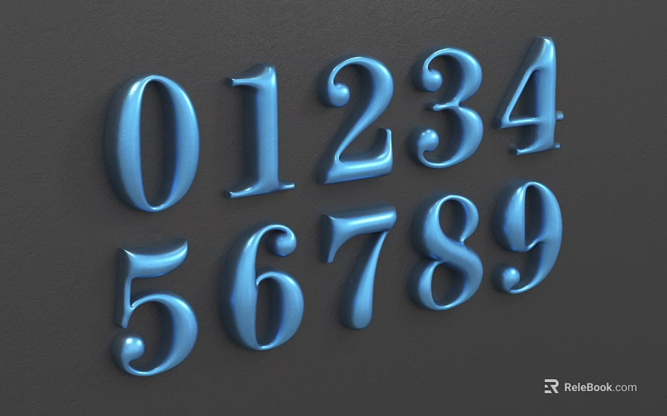 Blue 3D Digital Numbers Design with Glossy Surface on Dark Background 3d model 
