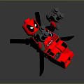Red Deadpool Lego Toy With Gray Arms Legs Logo Text And Black Cross Shaped Object