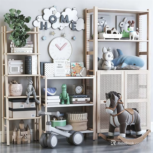 Plush Dolls Display On Wooden Shelves With Dinosaur Horse Whale Figures Clock And Green Plants 3d model 