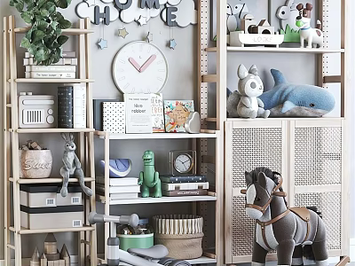 Plush Dolls Display On Wooden Shelves With Dinosaur Horse Whale Figures Clock And Green Plants 3d model