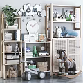 Plush Dolls Display On Wooden Shelves With Dinosaur Horse Whale Figures Clock And Green Plants