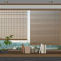 Modern Brown and Beige Blinds on Window Sill with Plants Decorations Books