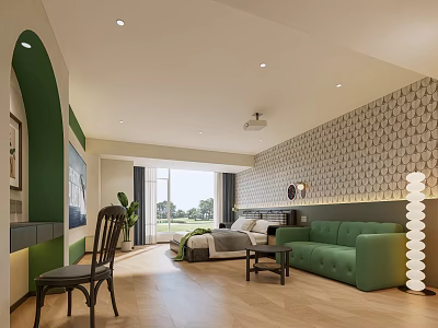 Elegant Modern Hotel Room Featuring Green Sofa Bed Geometric Pattern Wall And Wooden Flooring 3d model