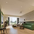 Elegant Modern Hotel Room Featuring Green Sofa Bed Geometric Pattern Wall And Wooden Flooring