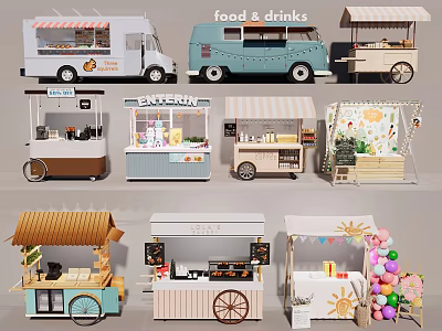 Colorful Mobile Food Trucks And Stalls For Street Food And Drinks 3d model