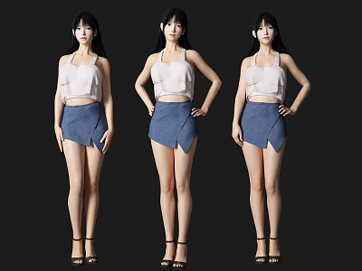 Women In White Top And Blue Shorts With High Heels On Black Background 3d model