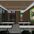 Fast Food Restaurant Interior With Wooden Ceiling Pendant Lights Food Posters Green Chairs White Tables