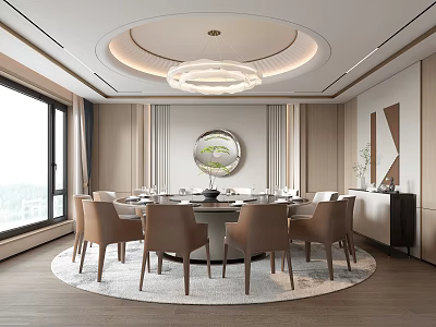 Elegant Private Dining Room Interior With Round Table Chairs And Chandelier 3d model