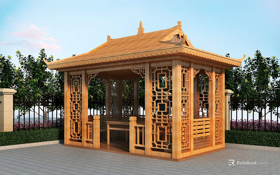 Traditional Chinese Wooden Pavilion with Intricate Carved Patterns Surrounded by Green Plants and Lawn 3d model 