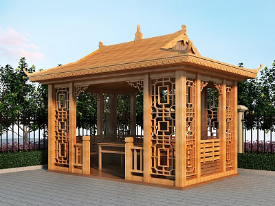 Traditional Chinese Wooden Pavilion with Intricate Carved Patterns Surrounded by Green Plants and Lawn 3d model