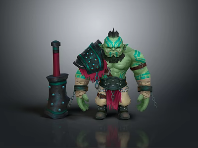 Orc Warrior Creature With Green Skin Horns Spiked Armor And Large Battle Hammer 3d model