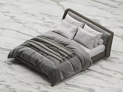 Modern Gray Double Bed With Striped Duvet White Pillows And Marble Floor 3d model