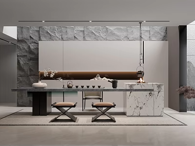 Modern Tea Room Interior With Stone Wall Marble Countertop And Wooden Table Chairs 3d model