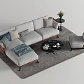 Modern L Shaped Gray Sofa with Decorative Cushions and Round Coffee Table Set 3d model