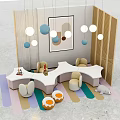 Kids Table with Curved Design Small Chairs Colorful Floor Round Hanging Lights and Wall Artwork