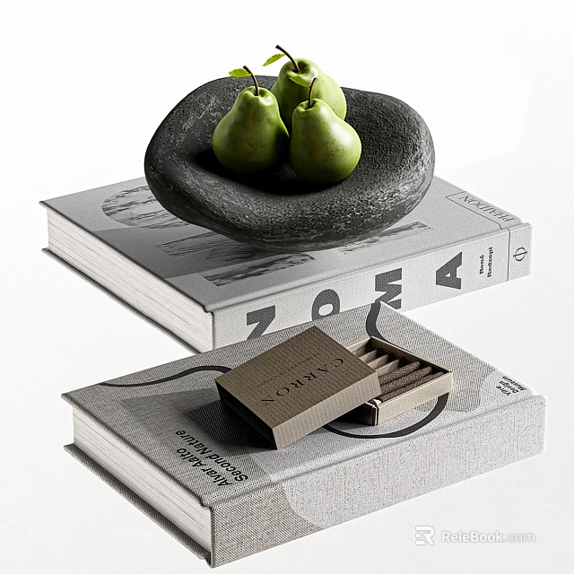 Stylish Decorative Ornament Set with Black Bowl Green Pears Open Box and Stacked Books 3d model 