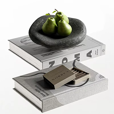 Stylish Decorative Ornament Set with Black Bowl Green Pears Open Box and Stacked Books 3d model