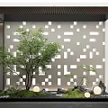 Modern Indoor Landscape With Grey Square-Patterned Wall Green Tree Stones Moss And Round Lights