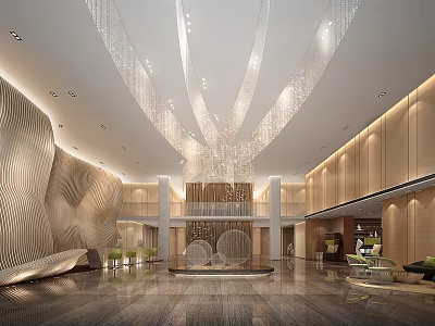 Modern Lobby Front Desk Area With Crystal Chandelier Wavy Walls And Marble Flooring 3d model