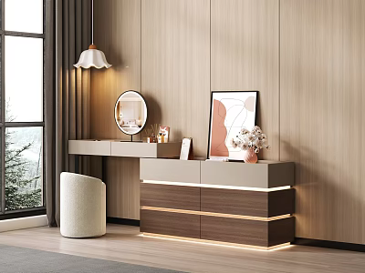 Modern Elegant Dressing Table Design With Round Mirror Hanging Lamp Potted Flowers And Stool 3d model