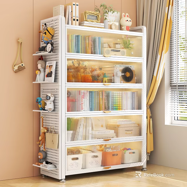 White Locker Cabinet With Transparent Doors Holding Books Stationery And Storage Boxes In Home Setting 3d model 