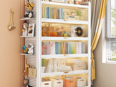 White Locker Cabinet With Transparent Doors Holding Books Stationery And Storage Boxes In Home Setting 3d model
