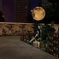 Outdoor Restaurant With Straw Umbrellas Tents String Lights And City Skyline At Night