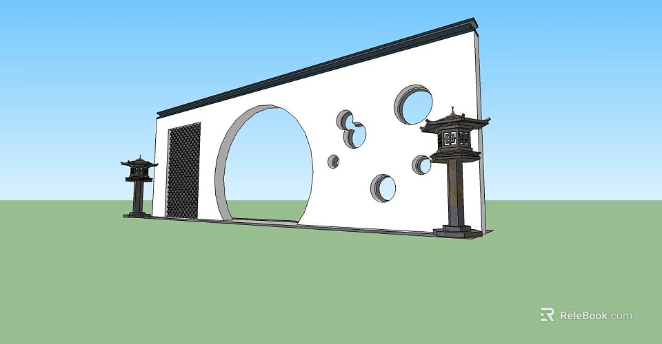 Traditional Chinese Garden Wall With White Surface Circular Holes Lattice Door And Stone Lanterns 3d model 