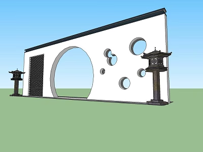 Traditional Chinese Garden Wall With White Surface Circular Holes Lattice Door And Stone Lanterns 3d model